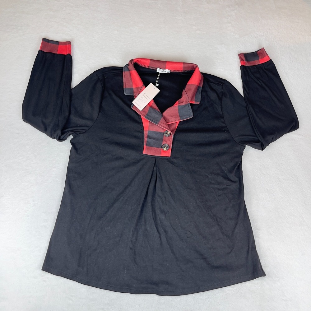 Fashion Shirt Top Womens 3XL Black Buffalo Plaid Notch Collar Raglan Sleeve‎